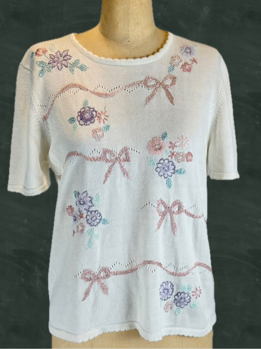 VINTAGE flower bouquet bow‎ tie knot sweater short sleeve embroidered floral 90s